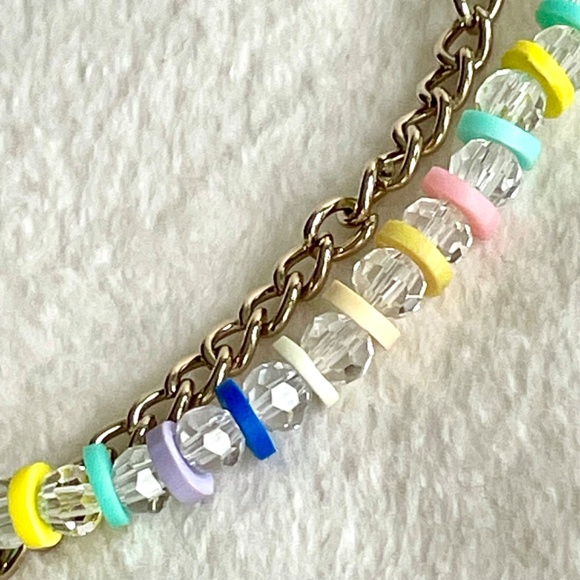 Beaded Multi Coloured Necklace/w Clear Crystals and Golden Chain - Picture 12 of 14